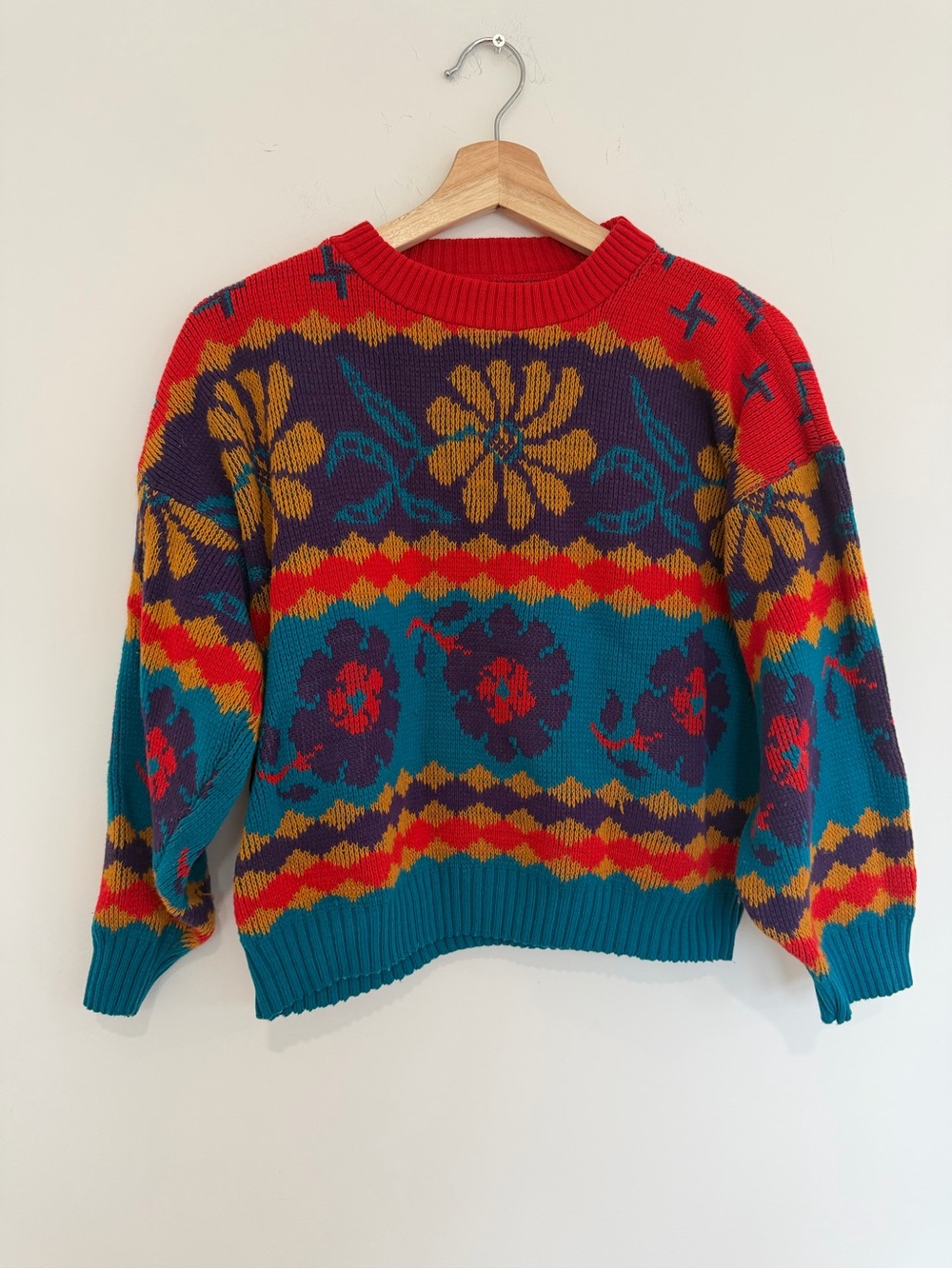Colorful Floral Crewneck Sweater - Teal, Red, Mustard vintage bold bright